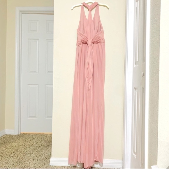 DAVID’S BRIDAL Extra Length Mesh T-strap Back Halter maxi blush dress women’s 6 - Picture 9 of 11
